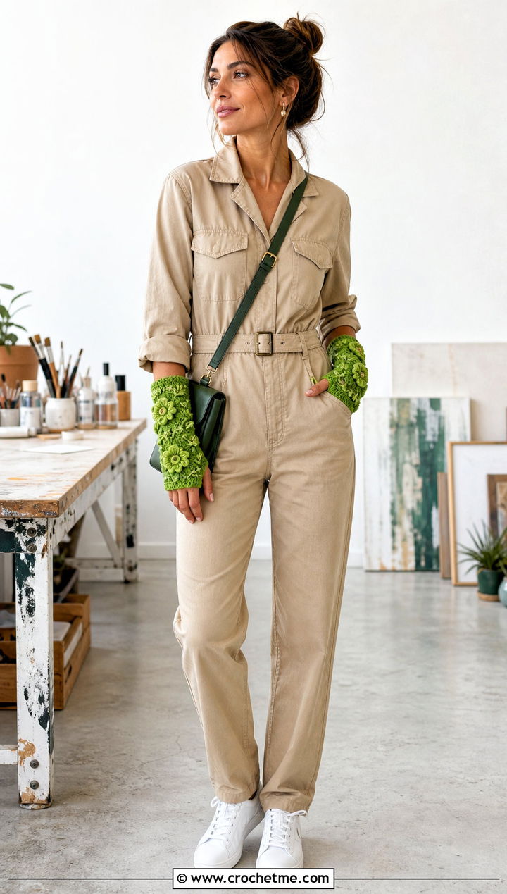 Floral Applique Crochet Wrist Warmers With Utility Jumpsuit - 35 crochet wrist warmers outfit ideas