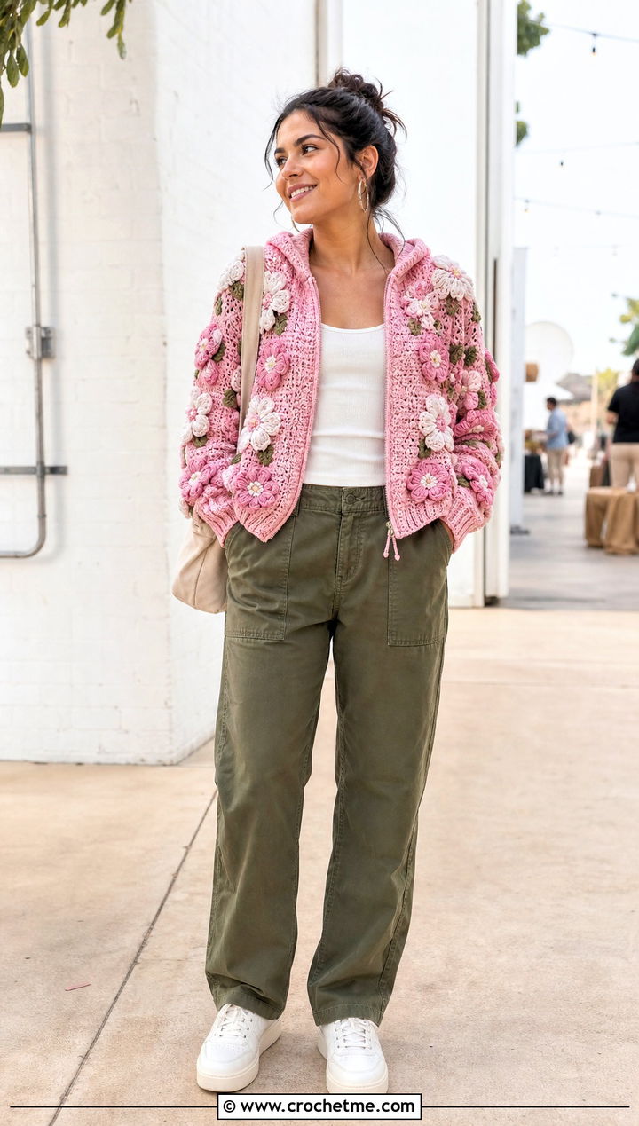 Floral Applique Crochet Zip Up Hoodie With Utility Pants - 30 crochet zip up hoodie outfit ideas