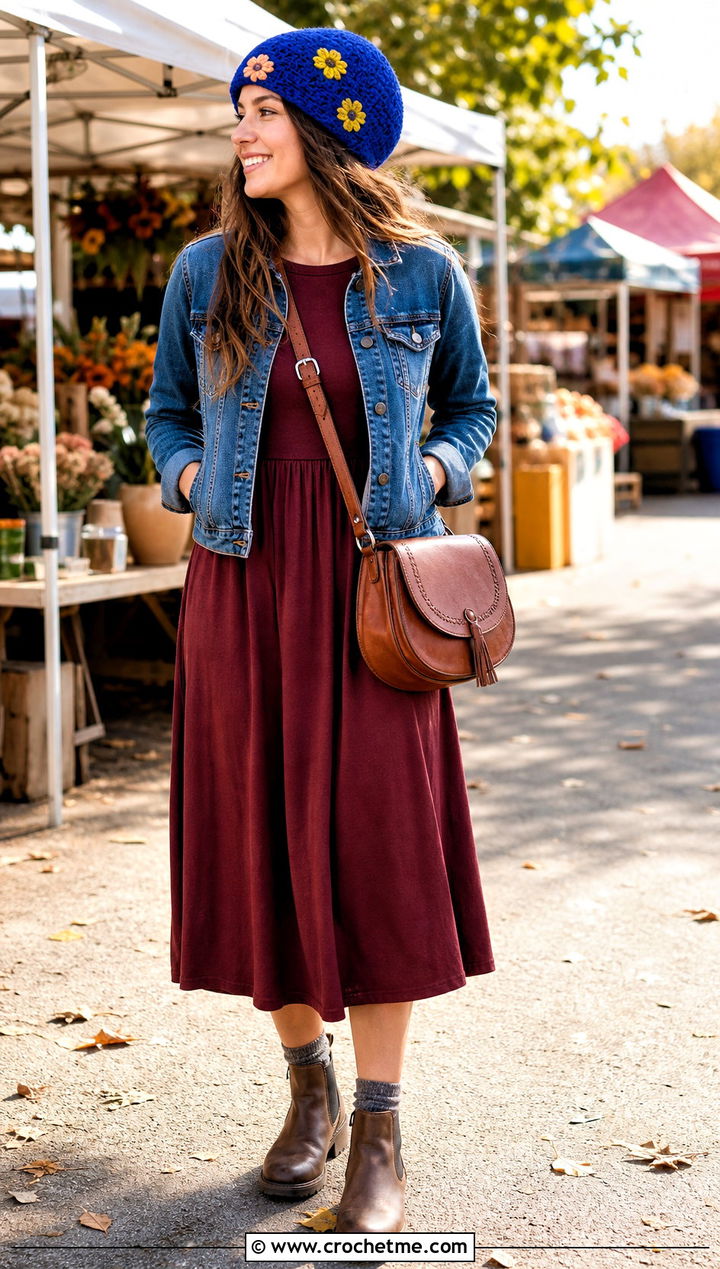 Floral Applique Crocheted Beanie With Midi Dress And Boots - 35 crocheted beanie outfit ideas