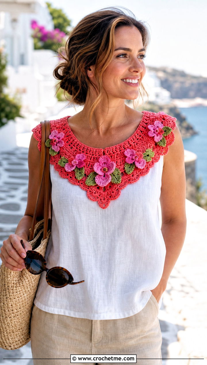 Floral Applique Crocheted Collar With Linen Vacation Outfit - 15 Crocheted Collars outfit ideas