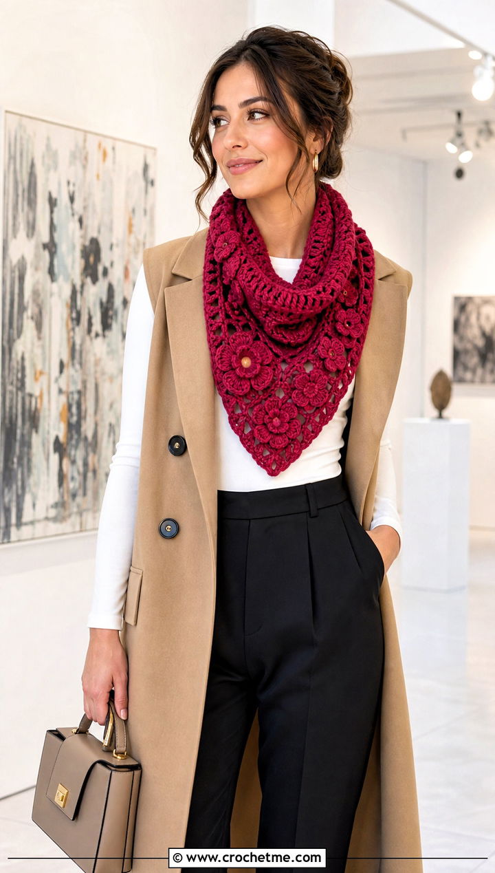 Floral Applique Crocheted Cowl With Trench Vest And Trousers - 25 Crocheted Cowl outfit ideas