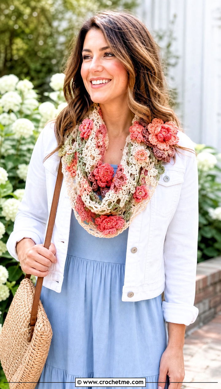 Floral Applique Crocheted Infinity Scarf With Cotton Dress - 25 Crocheted Infinity Scarf outfit ideas