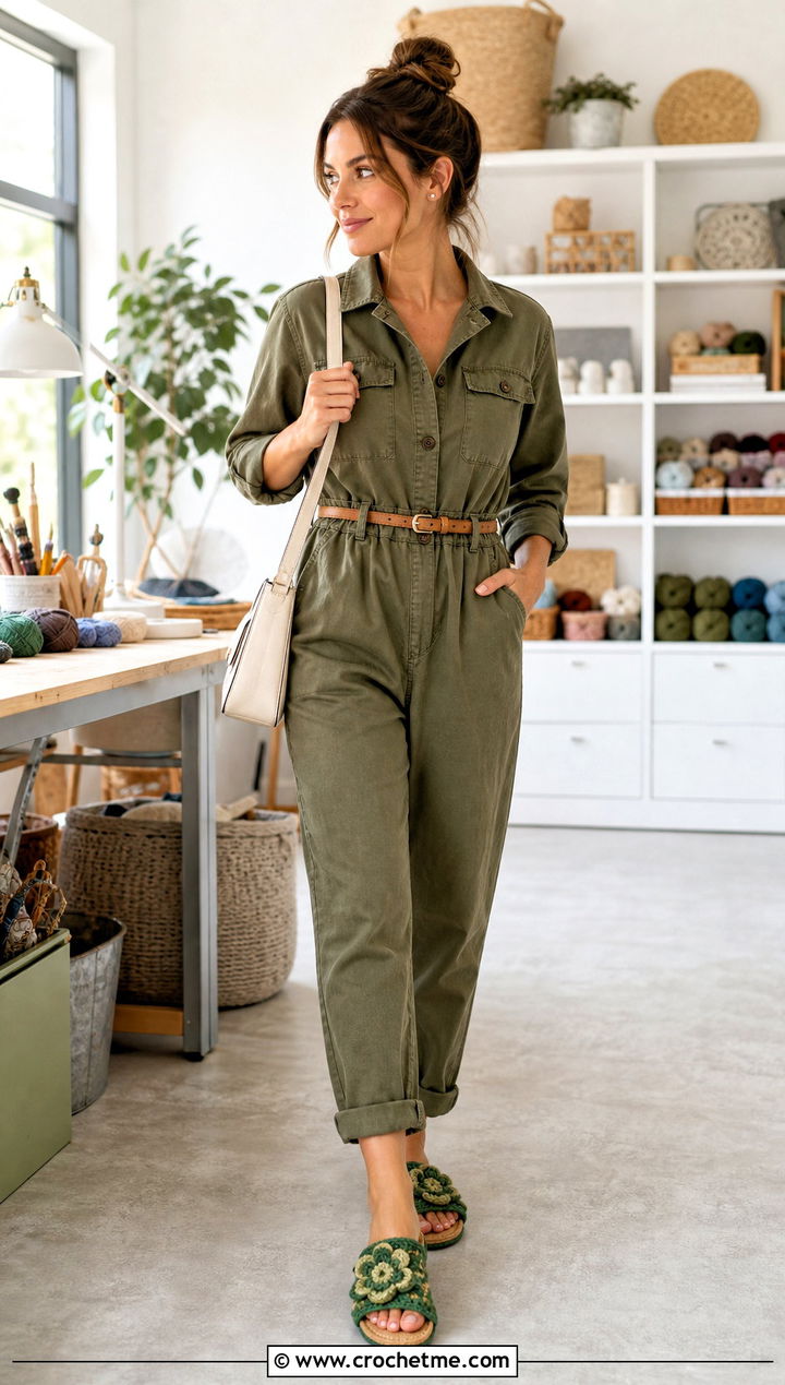 Floral Applique Crocheted Slippers With a Utility Jumpsuit - 35 crocheted slippers outfit ideas