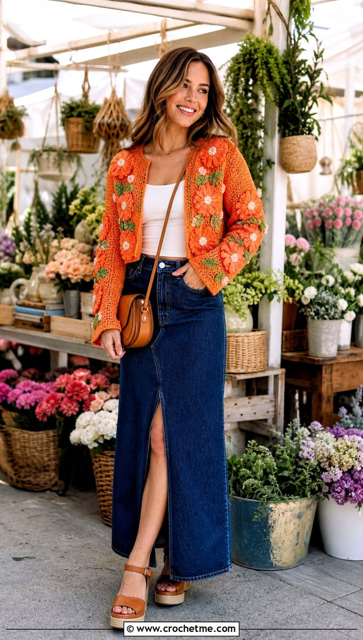 Floral Applique Crop Crochet Cardigan With Denim Maxi Skirt - 25 crop crochet cardigan outfit ideas