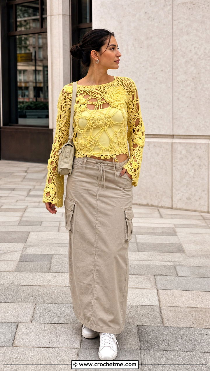 Floral Applique Distressed Crochet Top With Cargo Maxi Skirt - 35 Distressed Crochet Top outfit ideas