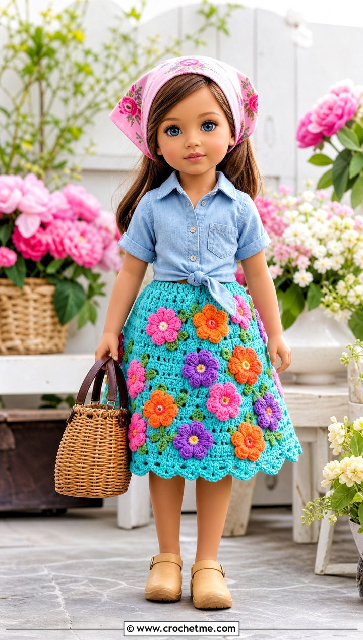 Floral Applique Doll Skirt With Chambray Shirt - 15 Crochet Doll Skirts outfit ideas