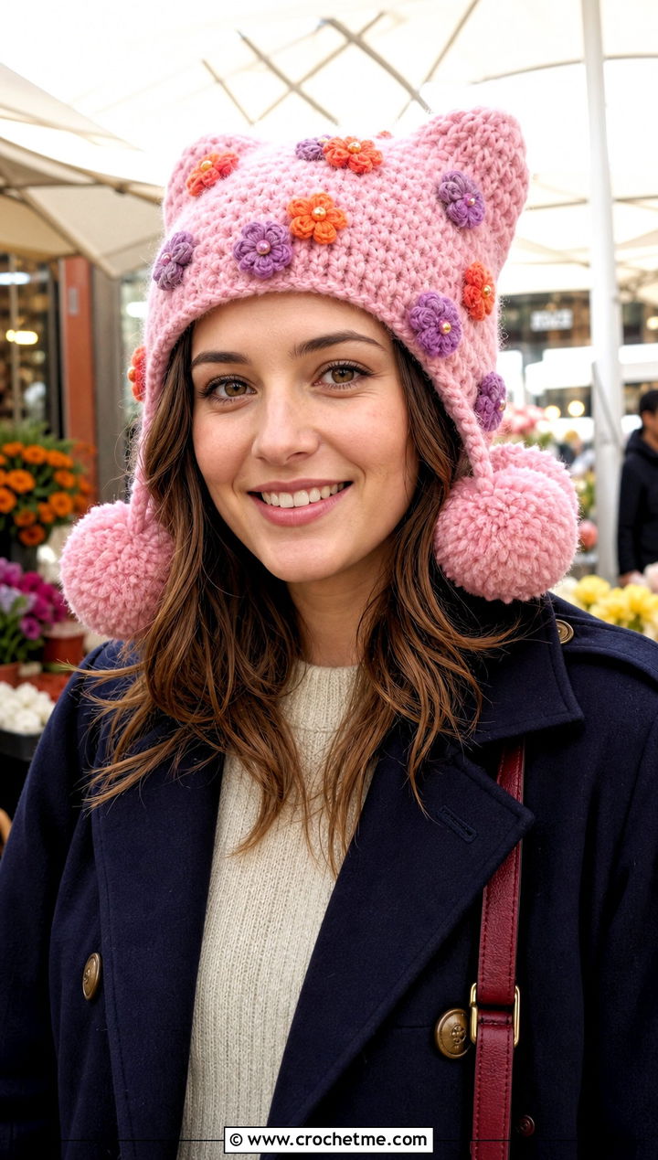 Floral Applique Double Pom Hat With Peacoat - 20 Crochet Hat With Two Pom Poms outfit ideas