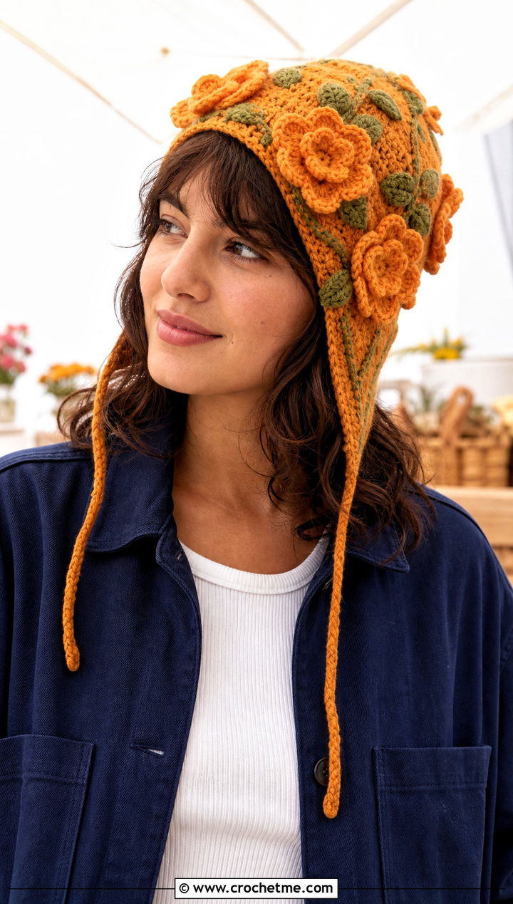 Floral Applique Ear Flap Hat With Chore Jacket - 25 crochet ear flap hat outfit ideas