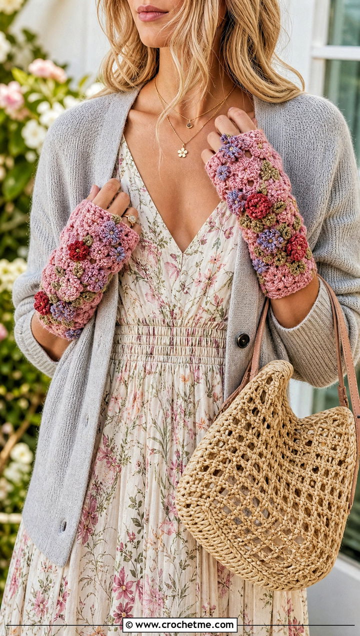 Floral Applique Fingerless Gloves With Prairie Dress And Cardigan - 30 crocheted fingerless gloves outfit ideas