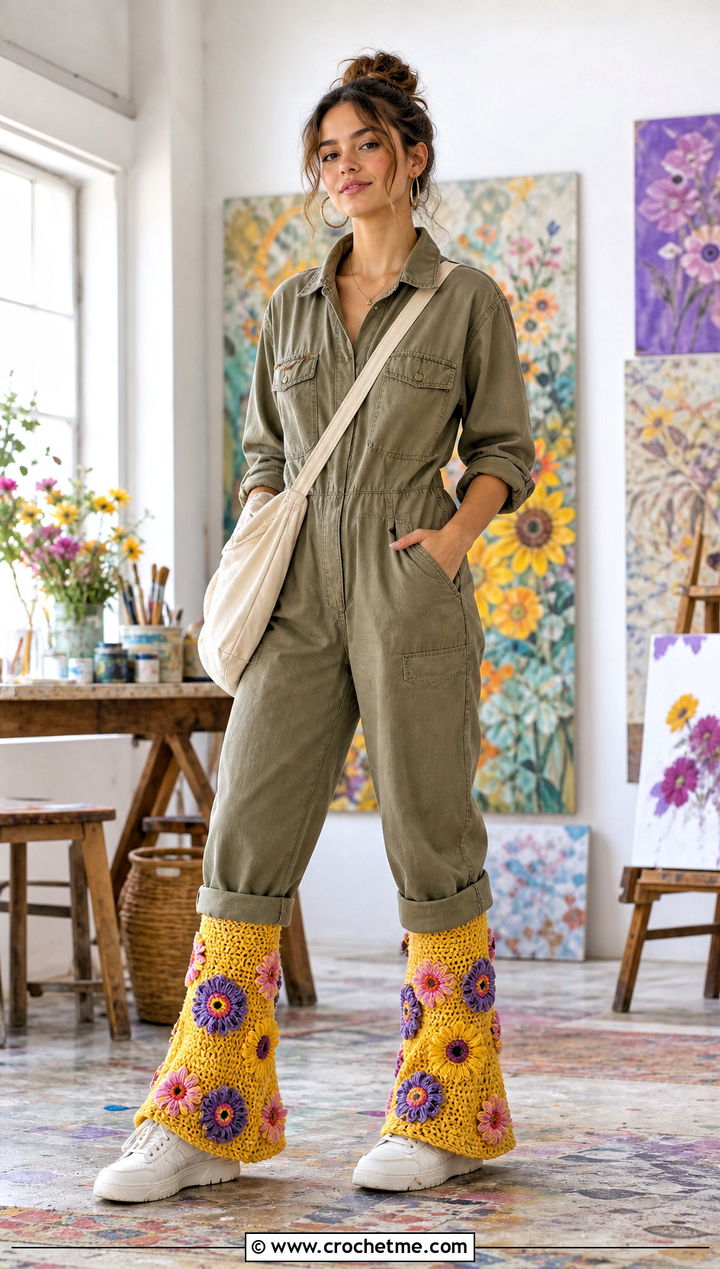 Floral Applique Flared Crochet Leg Warmers With Utility Jumpsuit - 25 flared crochet leg warmers outfit ideas