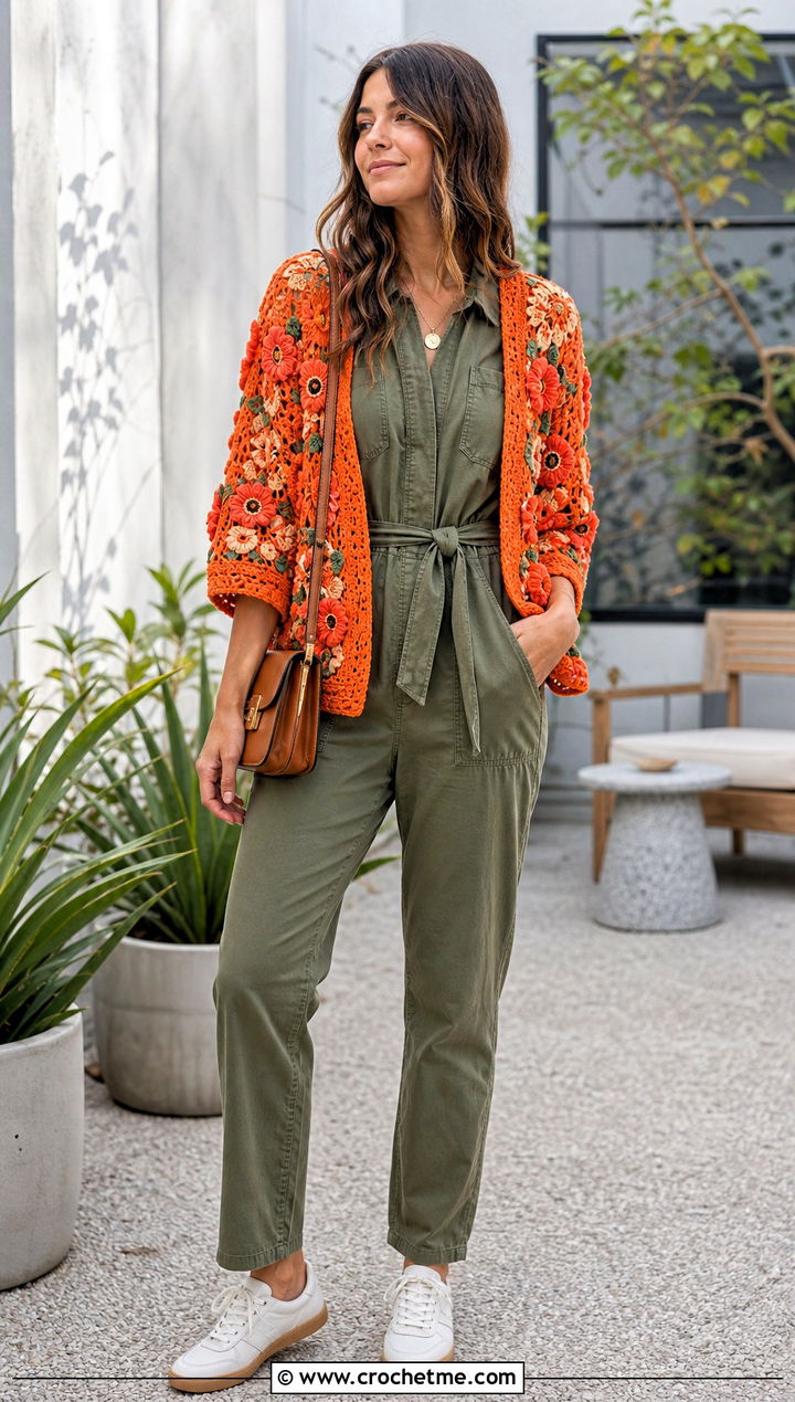 Floral Applique Folklore Crochet Cardigan With Utility Jumpsuit - 30 folklore crochet cardigan outfit ideas