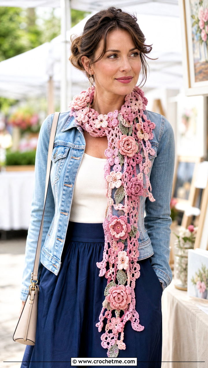 Floral Applique Freeform Crochet Scarf With Denim Jacket And Midi Skirt - 25 Freeform Crochet Scarf outfit ideas