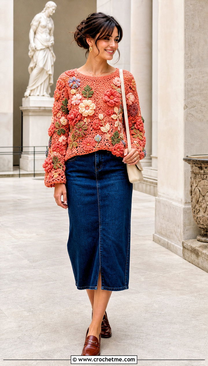 Floral Applique Freeform Crochet Sweater With Denim Midi Skirt - 30 freeform crochet sweater outfit ideas