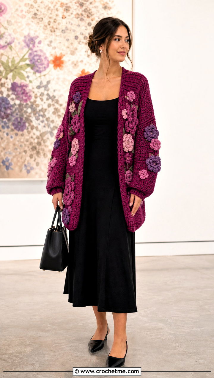 Floral Applique Grandpa Crochet Cardigan With Black Dress - 20 grandpa crochet cardigan outfit ideas