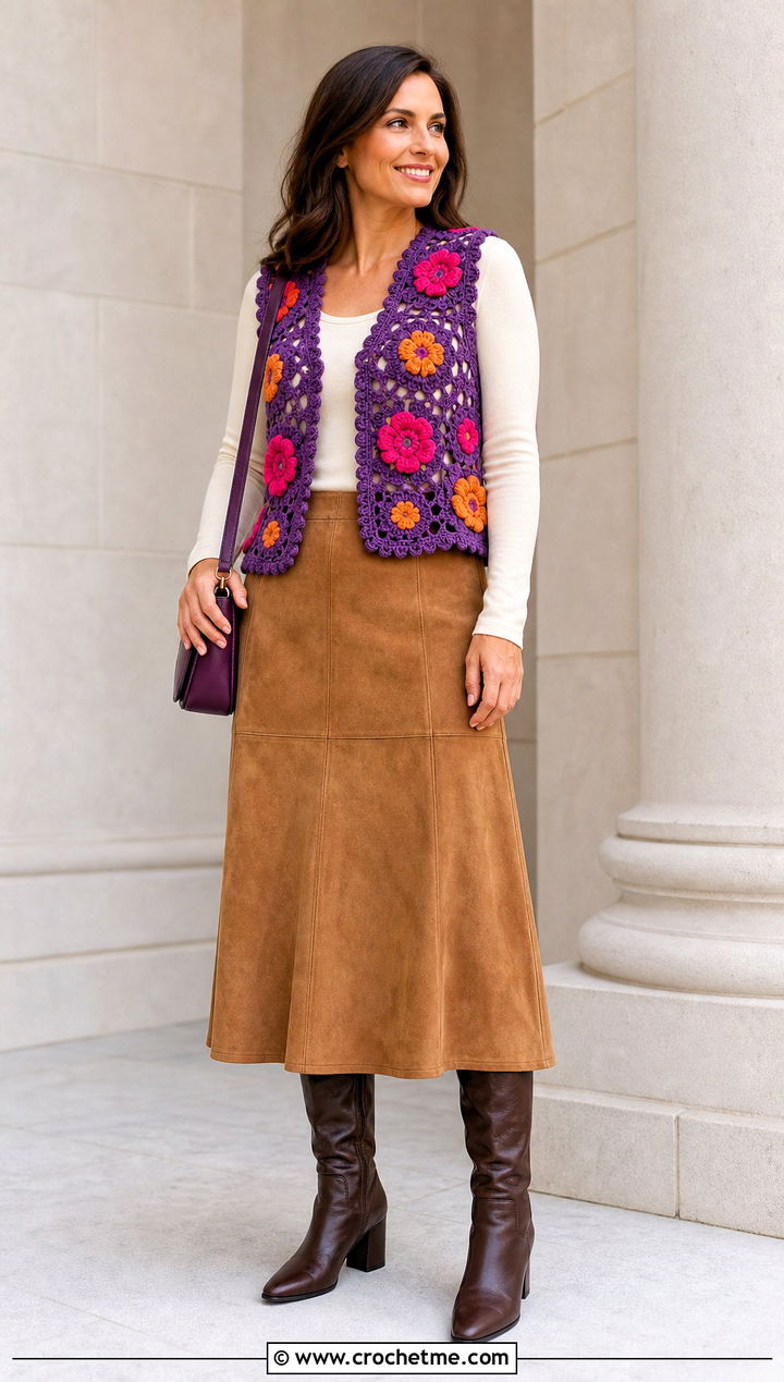 Floral Applique Granny Square Waistcoat With Suede Skirt - 35 granny square waistcoat outfit ideas