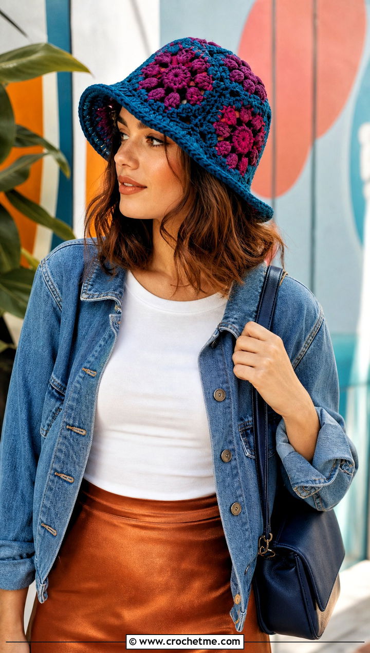 Floral Applique Granny Stitch Bucket Hat With Satin Skirt And Tee - 30 crochet granny stitch bucket hat outfit ideas