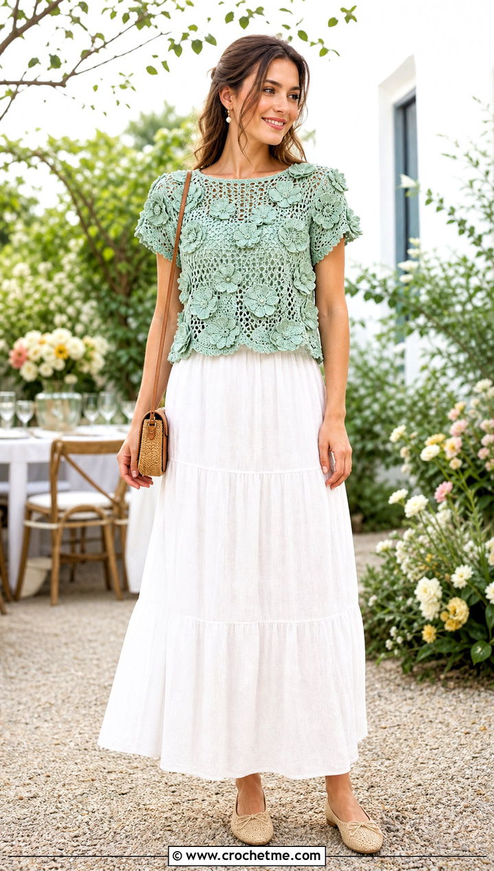 Floral Applique Green Crochet Blouse With White Maxi Skirt - 15 green crochet blouse design outfit ideas