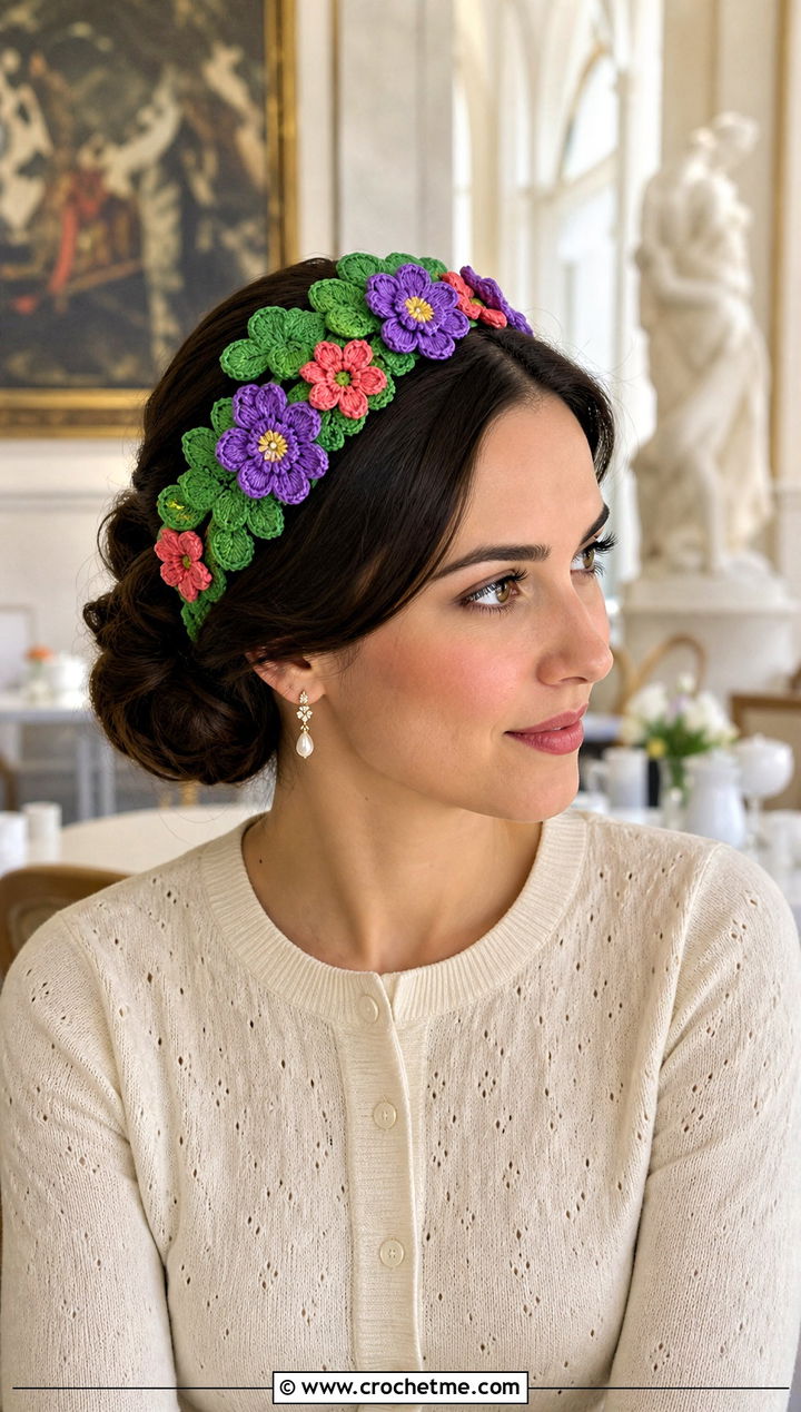 Floral Applique Green Crochet Headband With Cardigan And Midi Skirt - 30 green crochet headband outfit ideas