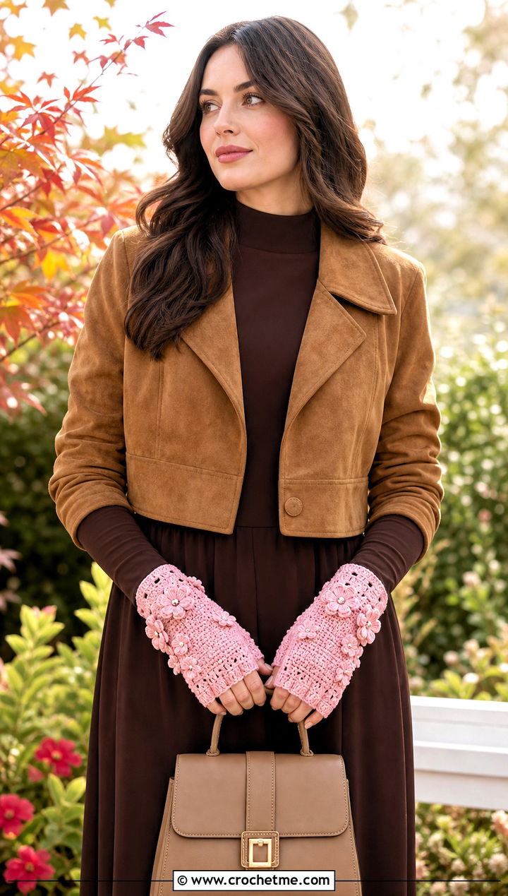 Floral Applique Half Finger Gloves With Midi Dress - 30 crochet half finger gloves outfit ideas