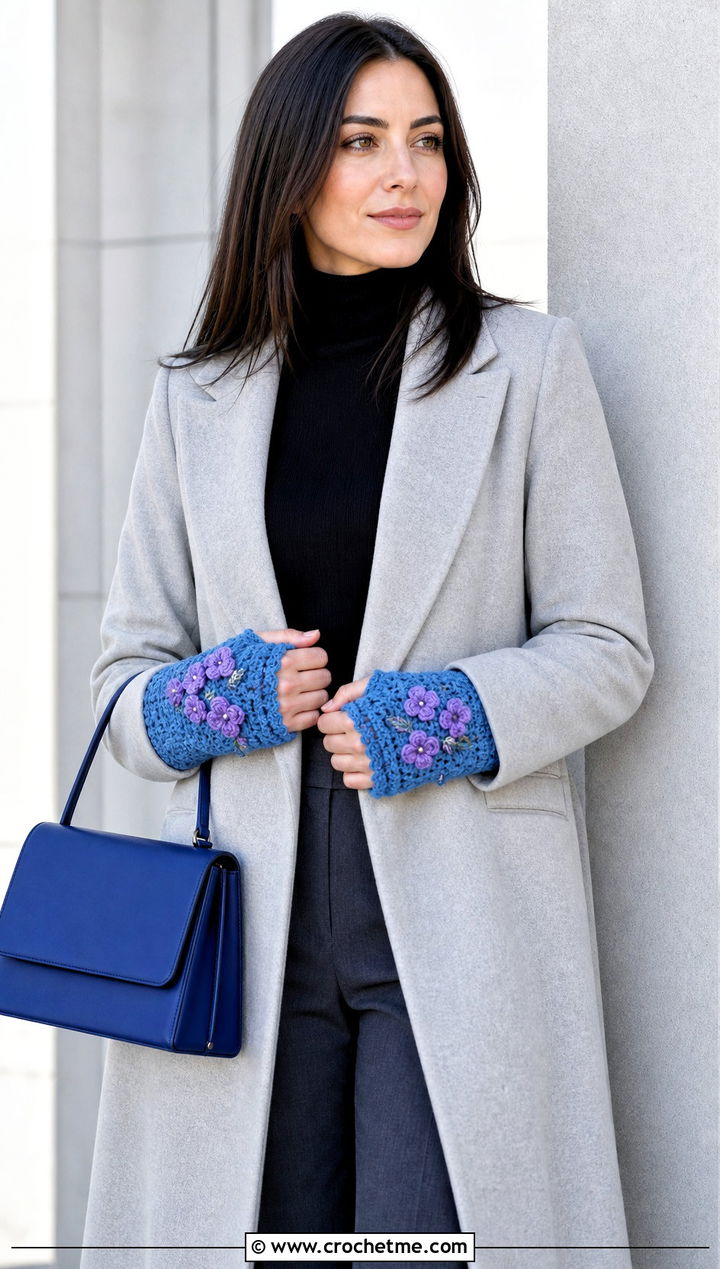 Floral Applique Hand Warmers With Minimalist Coat - 30 easy crochet hand warmers outfit ideas