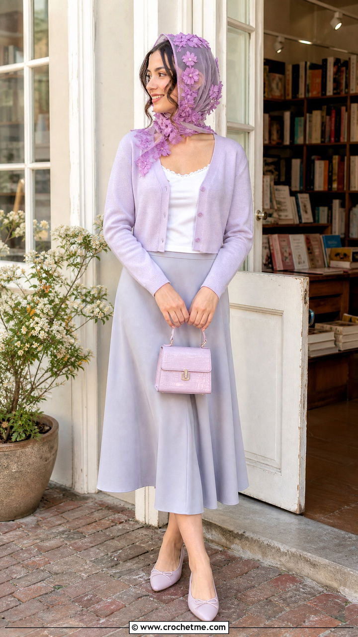 Floral Applique Head Scarf With Cardigan And Midi Skirt - 35 crochet head scarf outfit ideas