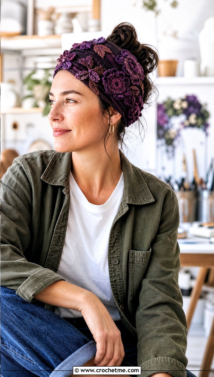 Floral Applique Head Wrap With Chore Jacket - 30 crochet head wrap outfit ideas