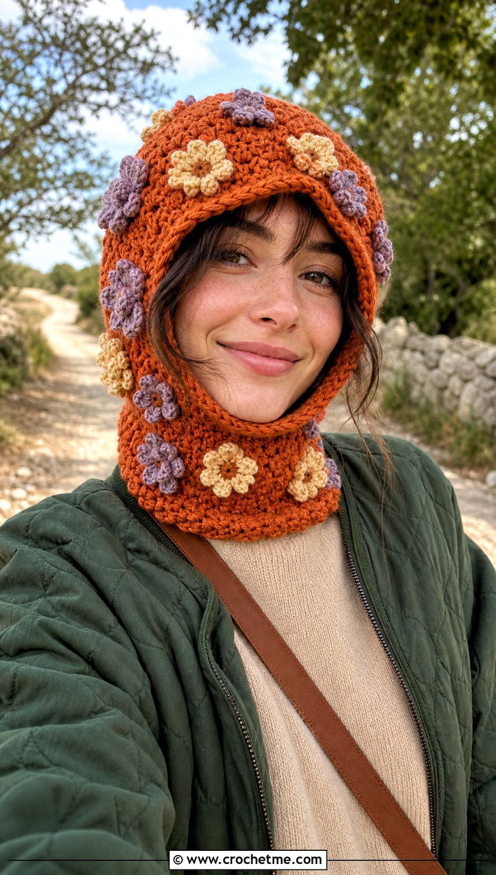 Floral Applique Helmet Balaclava With Quilted Jacket - 25 crochet helmet balaclava outfit ideas