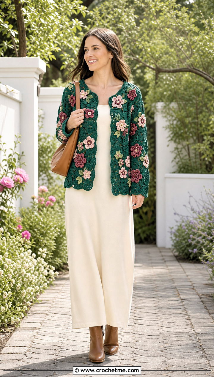 Floral Applique Hexi Cardigan With Maxi Dress - 35 crochet hexi cardigan outfit ideas