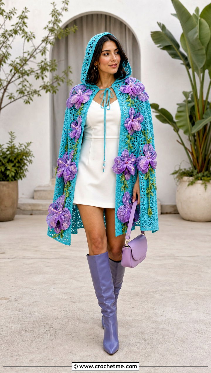 Floral Applique Hooded Crochet Cape With Mini Dress - 25 Hooded Crochet Cape outfit ideas