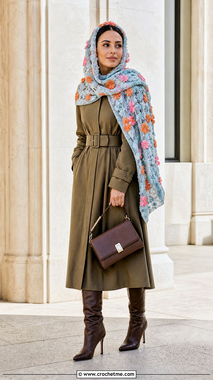Floral Applique Hooded Scarf With Trench Dress - 35 crochet hooded scarf outfit ideas