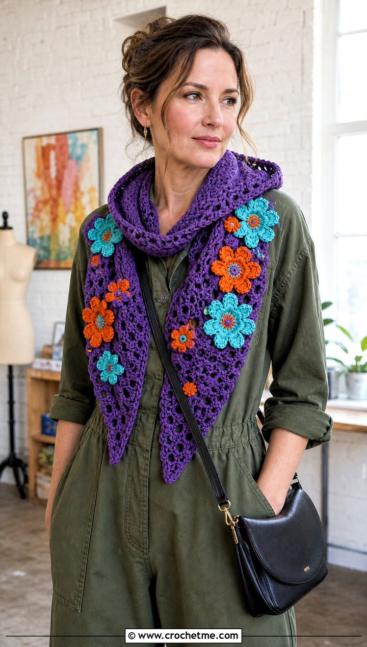 Floral Applique Hooded Triangle Crochet Scarf With Jumpsuit - 25 Hooded Triangle Crochet Scarf outfit ideas