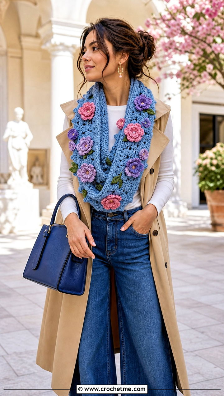 Floral Applique Infinity Scarf With Trench Vest - 30 easy crochet infinity scarf outfit ideas