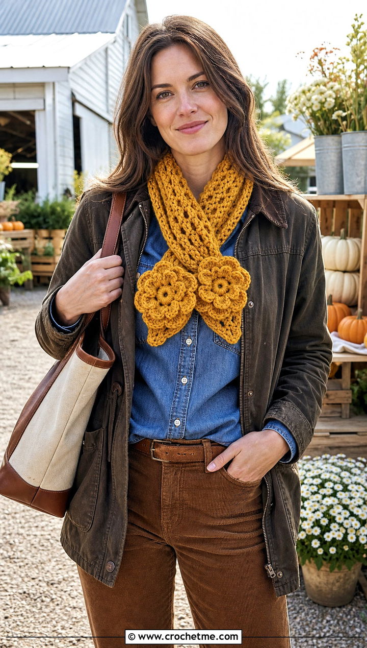 Floral Applique Keyhole Crochet Scarf With Barn Jacket - 25 Keyhole Crochet Scarf outfit ideas