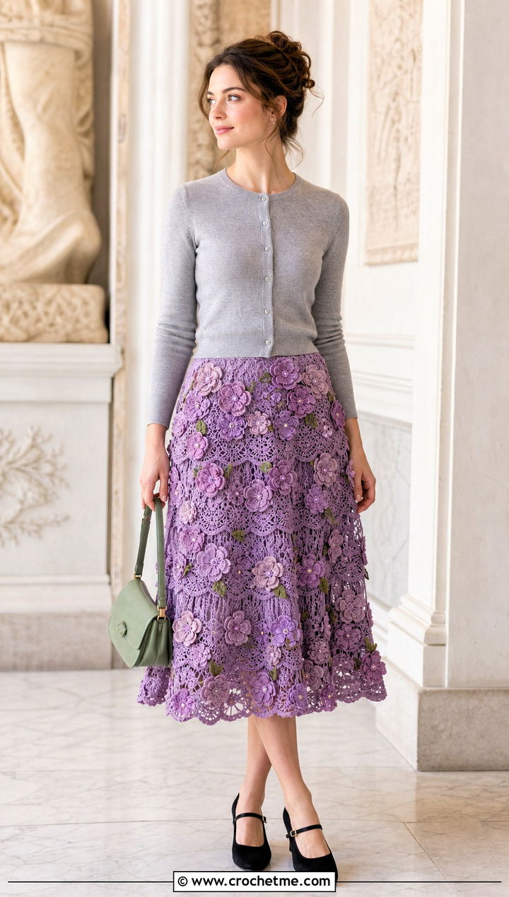 Floral Applique Layered Crochet Midi Skirt With Cardigan And Mary Janes - 35 Layered Crochet Skirt outfit ideas