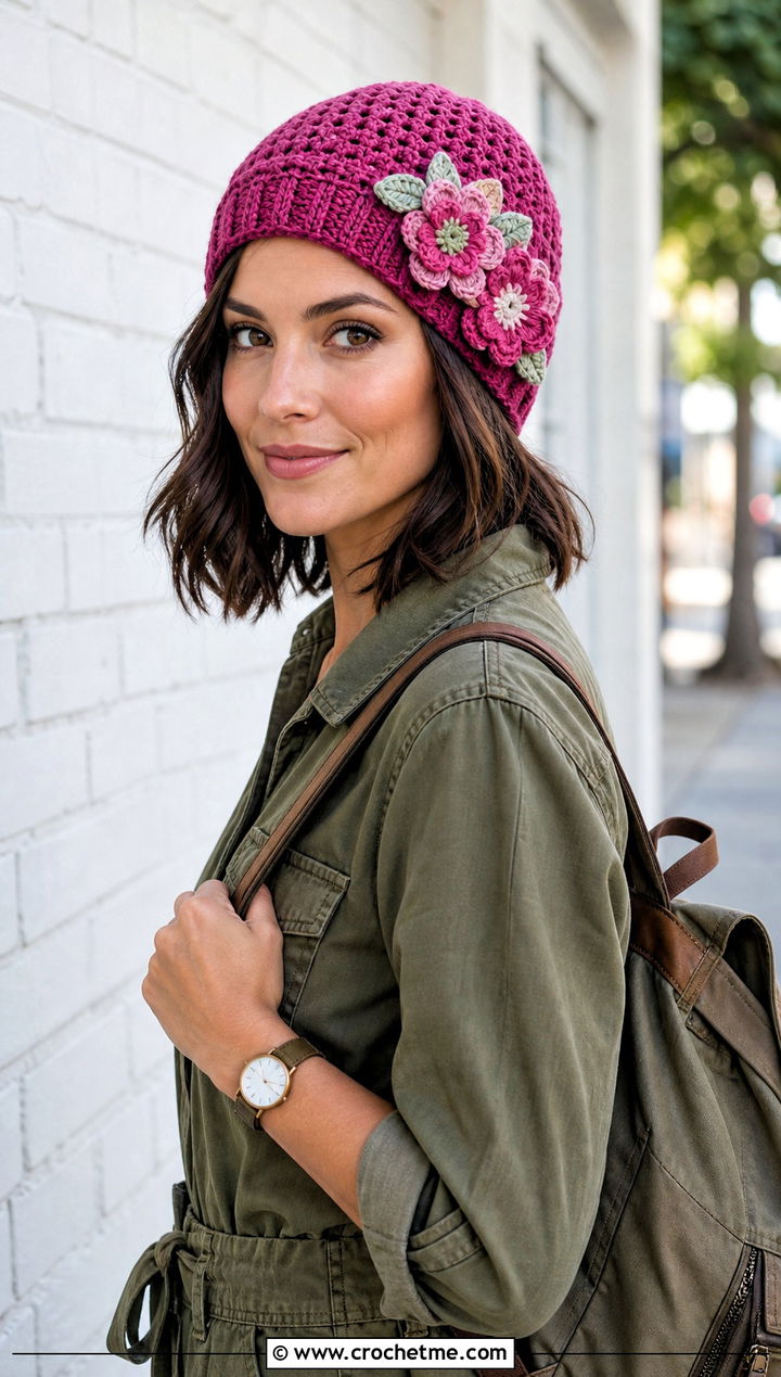 Floral Applique Lightweight Crochet Beanie With Utility Jumpsuit - 15 Lightweight Crochet Beanie outfit ideas