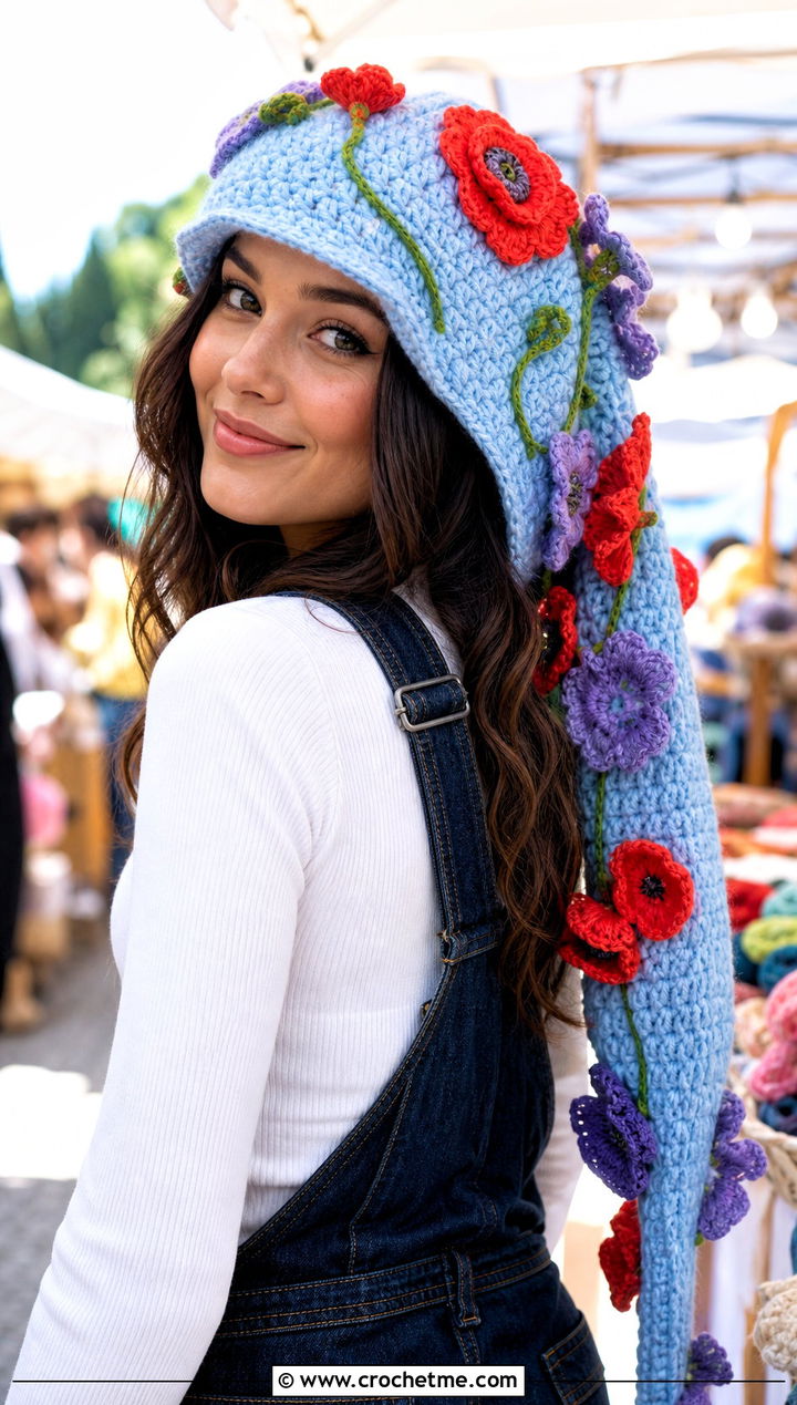 Floral Applique Long Crochet Hat With Overalls - 30 crochet long hat outfit ideas