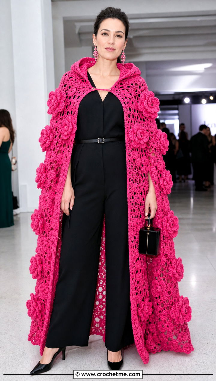 Floral Applique Long Hooded Crochet Cape With Black Jumpsuit - 25 Long Hooded Crochet Cape outfit ideas