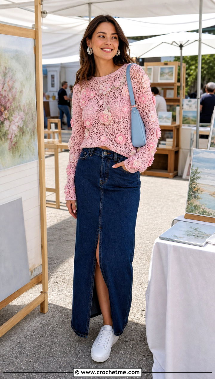 Floral Applique Long Sleeve Crochet Top With Denim Maxi Skirt - 25 aesthetic long sleeve crochet tops outfit ideas