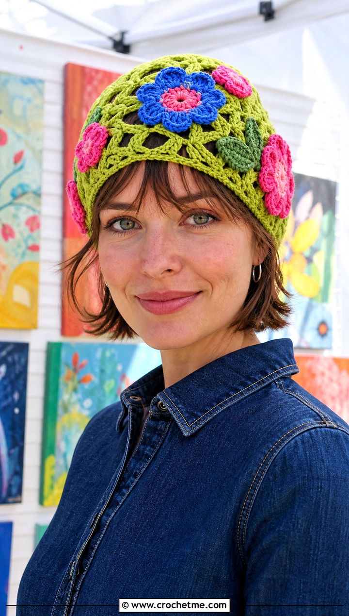 Floral Applique Magic Circle Crochet Beanie With Denim Dress - 25 Crochet Beanie Magic Circle outfit ideas