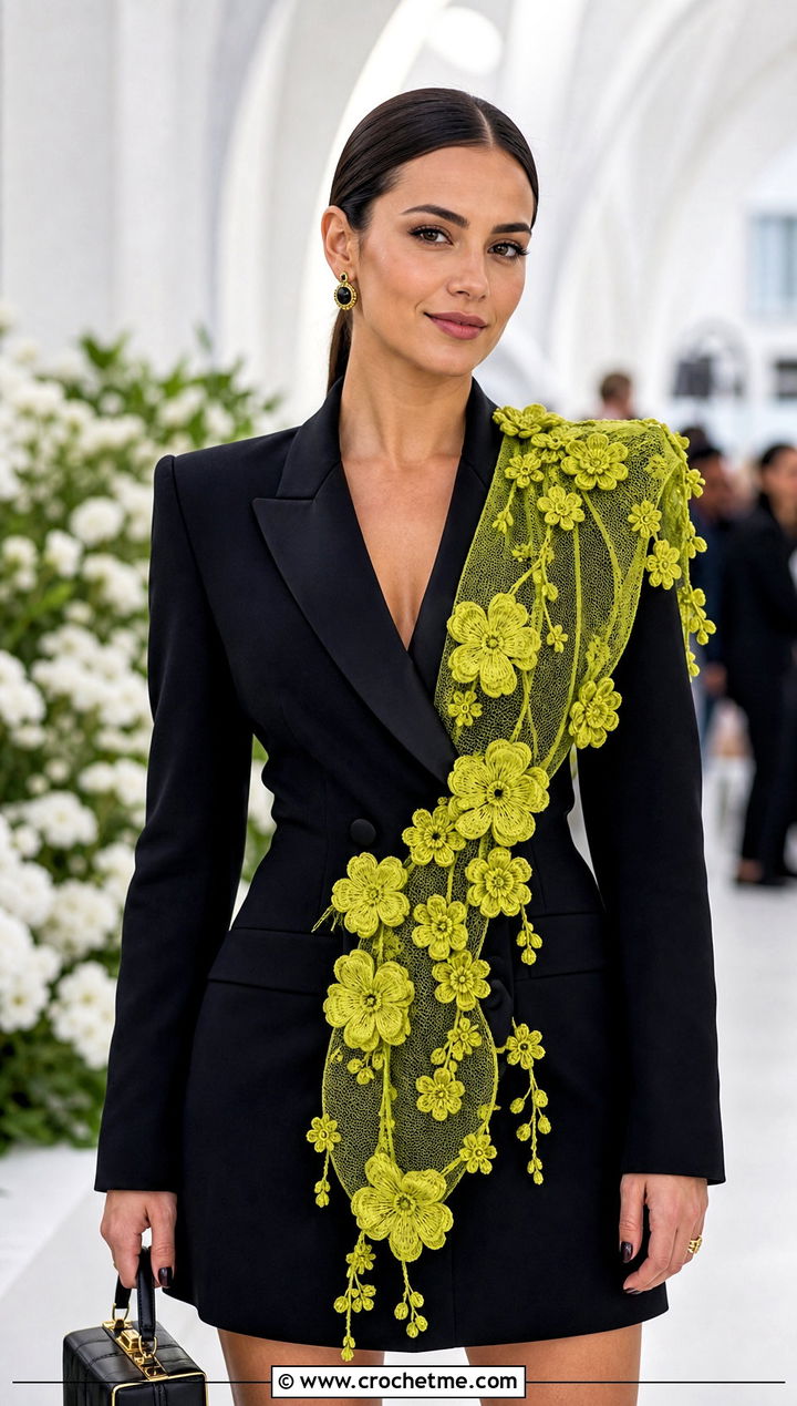Floral Applique Mesh Scarf With Blazer Dress And Slingbacks - 25 Crochet Mesh Scarf outfit ideas