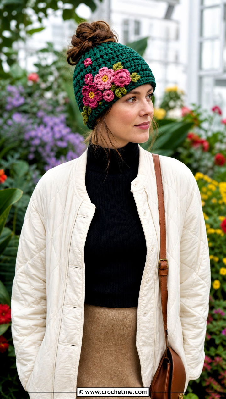 Floral Applique Messy Bun Crochet Hat With Quilted Jacket - 25 Messy Bun Crochet Hat outfit ideas