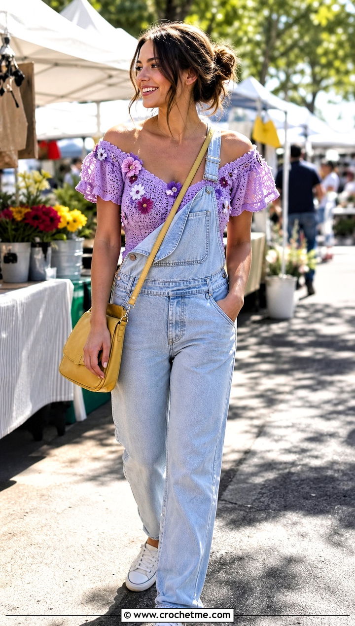 Floral Applique Milkmaid Crochet Top With Overalls - 25 milkmaid crochet top outfit ideas