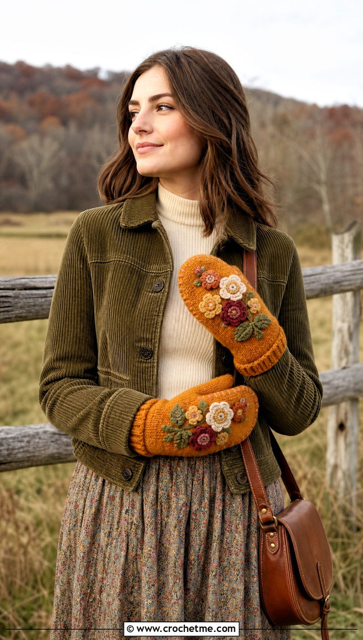 Floral Applique Mittens With Prairie Skirt - 15 vintage crochet mitten outfit ideas