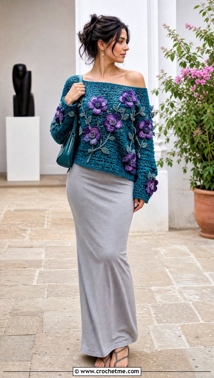 Floral Applique Off Shoulder Crochet Sweater With Maxi Skirt - 35 off shoulder crochet sweater outfit ideas