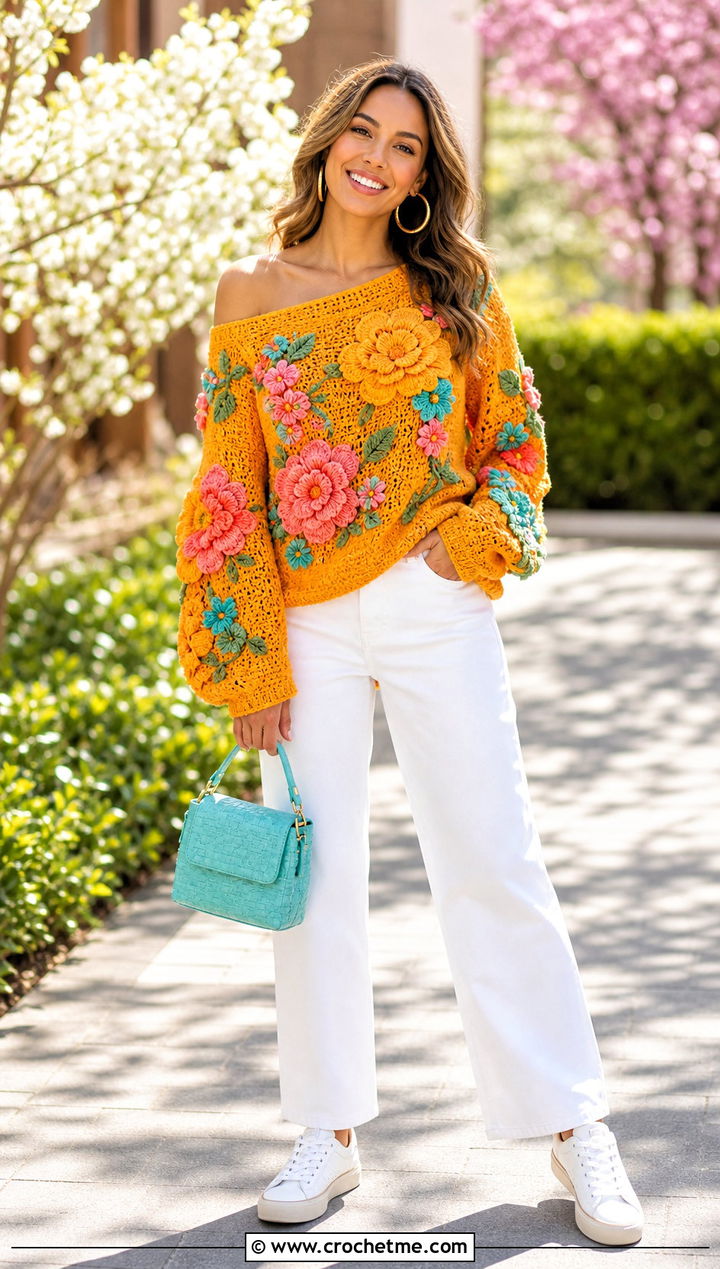 Floral Applique Off The Shoulder Crochet Sweater With White Jeans - 30 off the shoulder crochet sweater outfit ideas