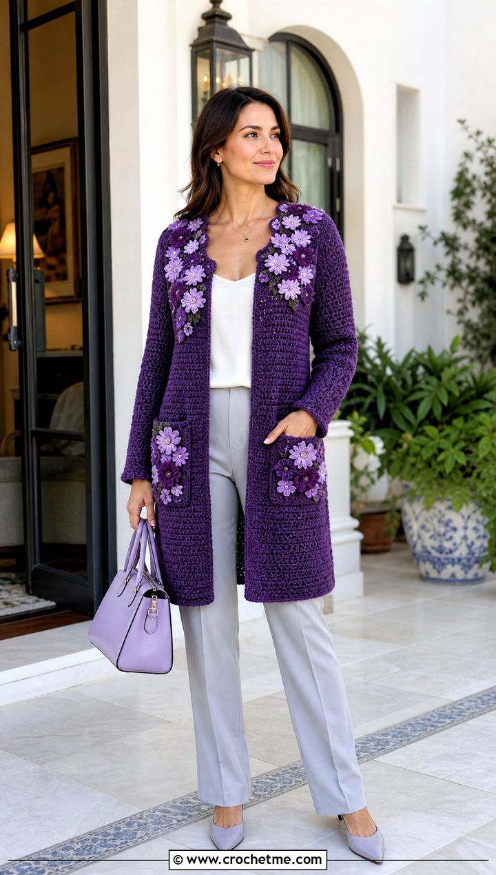 Floral Applique One Piece Crochet Cardigan With Straight Trousers - 35 one piece crochet cardigan outfit ideas