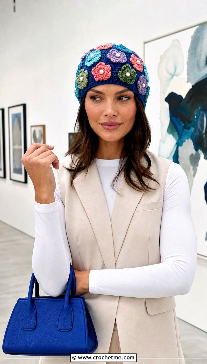 Floral Applique Pearl Crochet Beanie With Tailored Vest - 15 Pearl Crochet Beanie outfit ideas