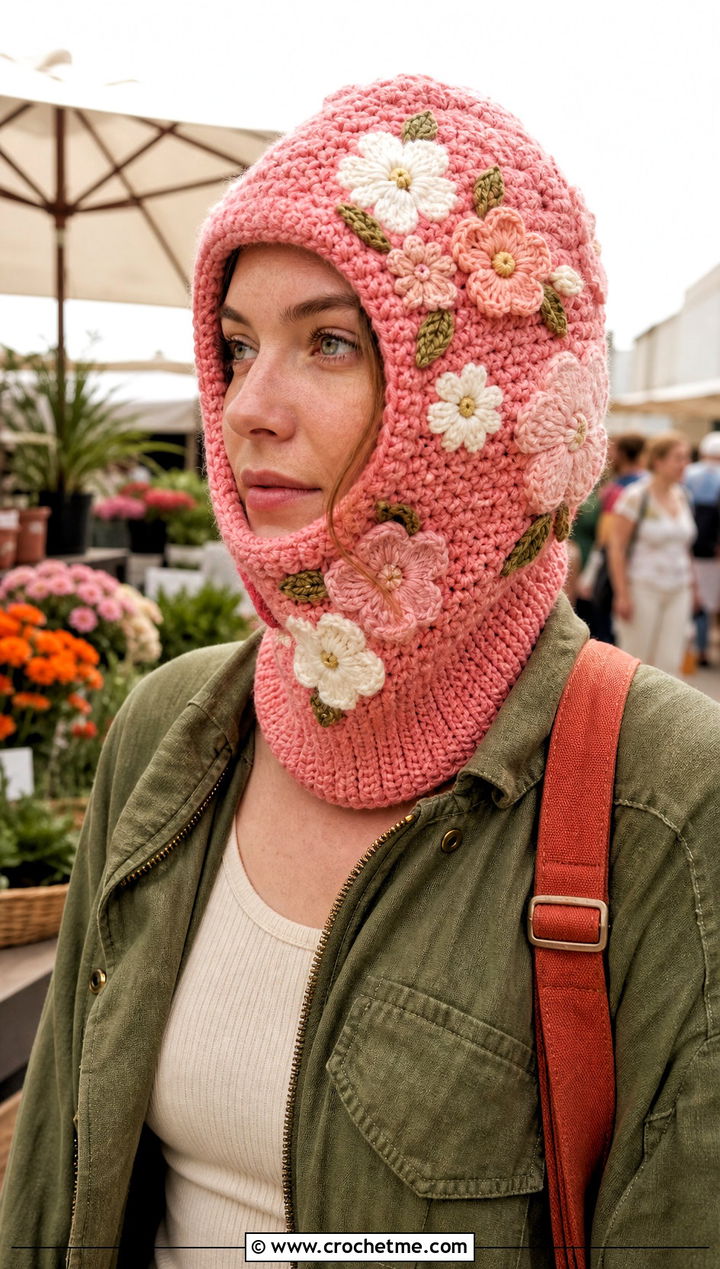 Floral Applique Pink Crochet Balaclava With Utility Jacket - 25 Pink Crochet Balaclava outfit ideas