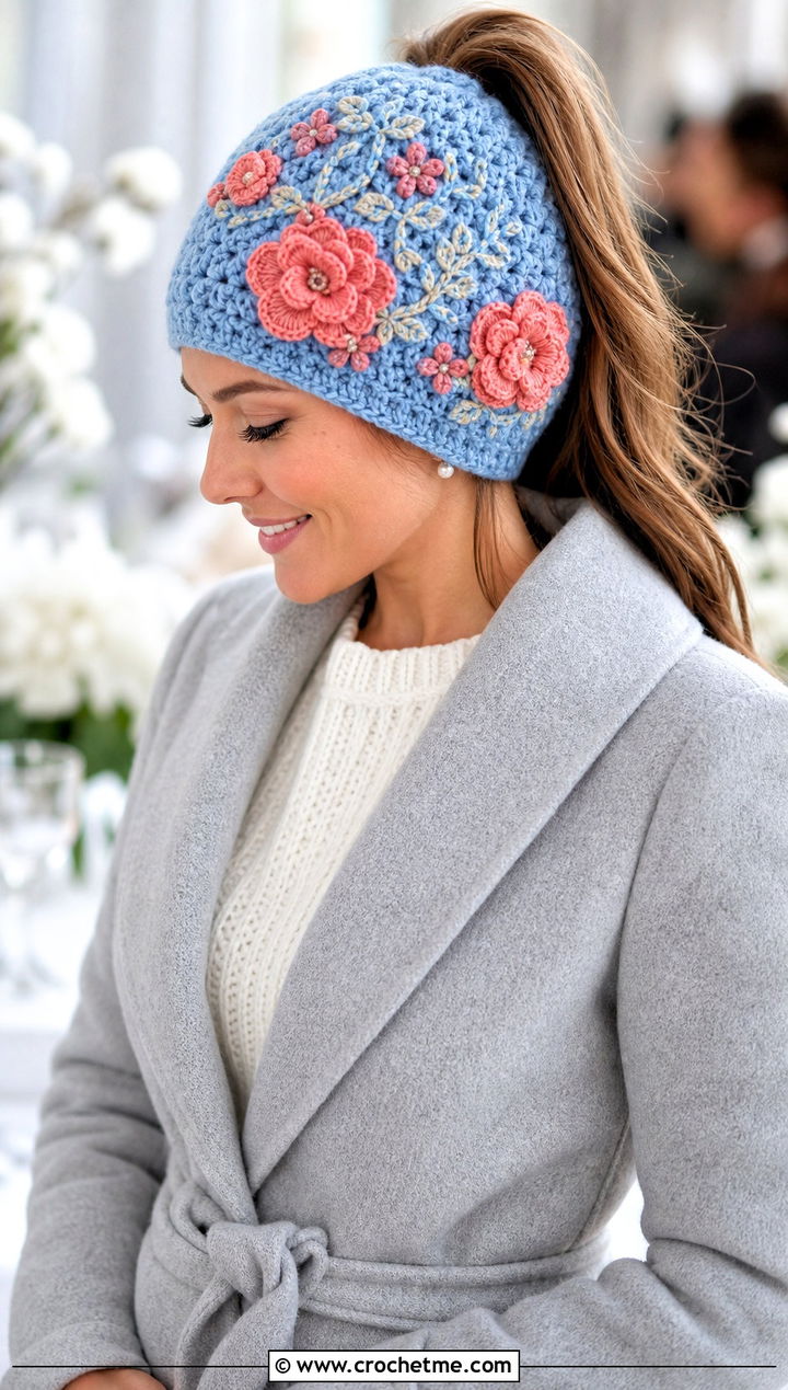 Floral Applique Ponytail Beanie With Wrap Coat And Slip Skirt - 30 crochet beanie with ponytail hole outfit ideas