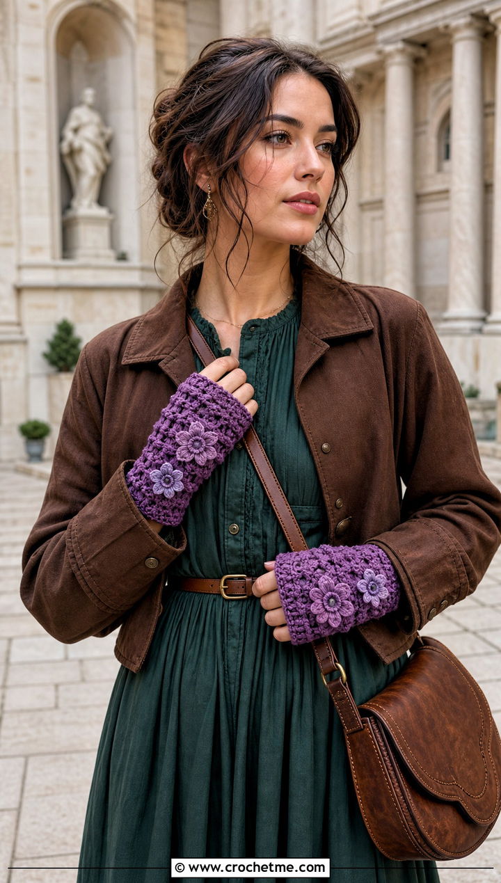 Floral Applique Puff Stitch Fingerless Gloves With Maxi Dress - 15 Crochet Puff Stitch Fingerless Gloves outfit ideas